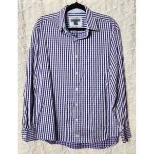 Johnston Murphy Shirt Men L Plaid Long Sleeve Button Up Purple Blue White Preppy